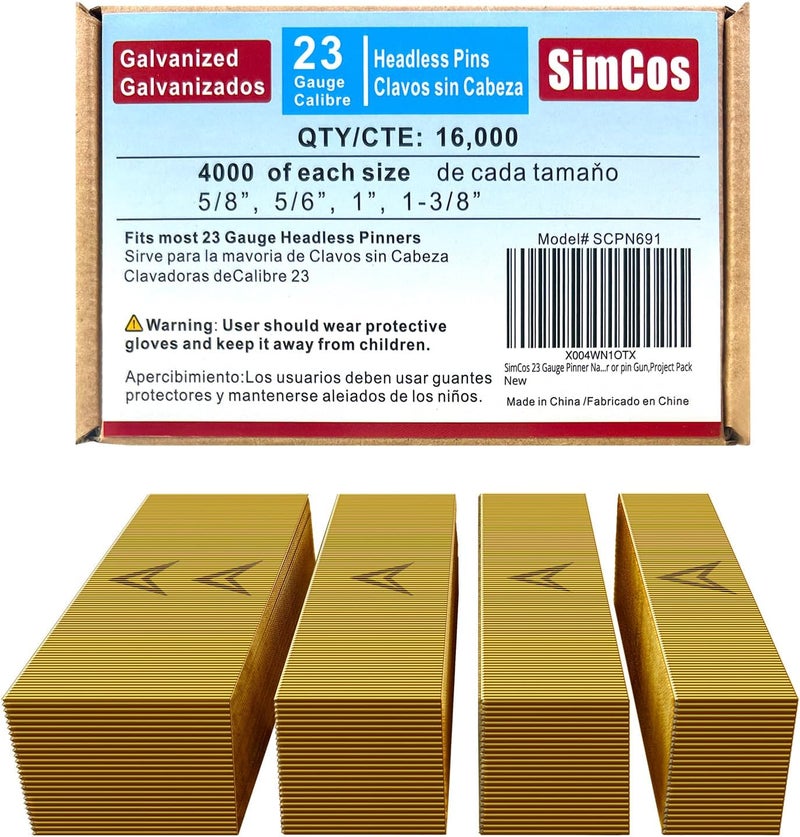 SimCos 23 Gauge Pinner Nails (5/8",3/4",5/6",1",1-3/8") Assorted 5 Sizes' Headless Pin Nails for 23 GA Pneumatic or Electric Pinner or pin Gun,Project Pack (5/8"+5/6"+1"+1-3/8" -16000 pcs) - Image 1